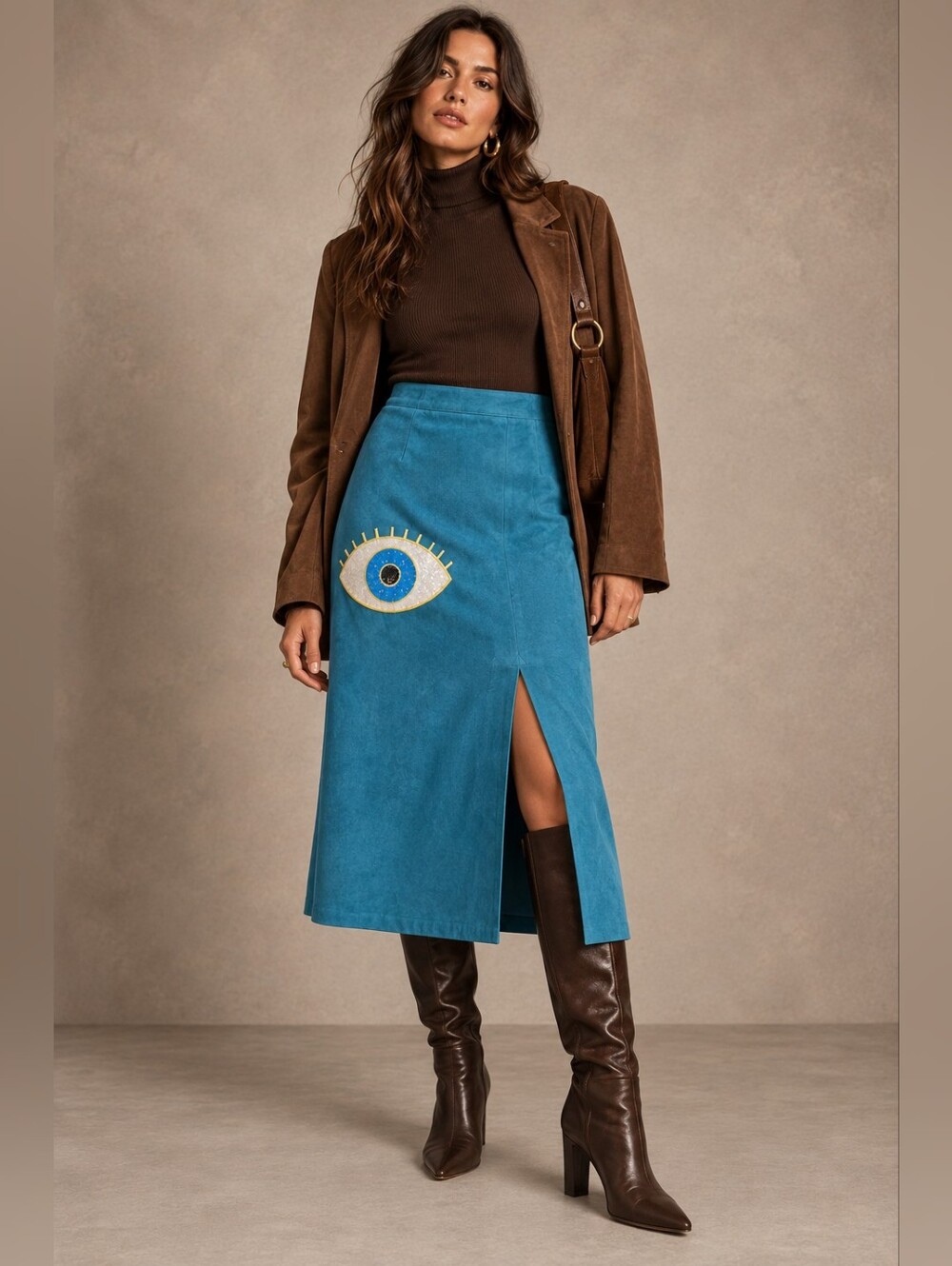 Vintage Turquoise Faux Suede Midi Skirt with Sequin Evil Eye Appliqué
